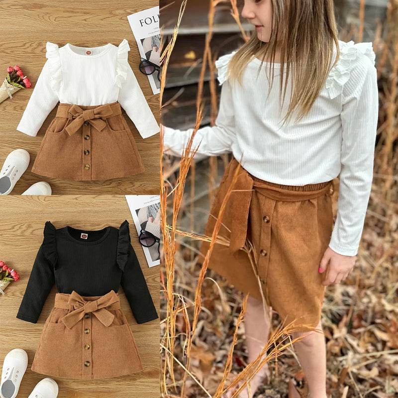 2 pcs Toddler Kids Baby Girl Ruffle Long Sleeve Sweatshirt Top Mini Pleated Skirt Set - IRRAKIDS