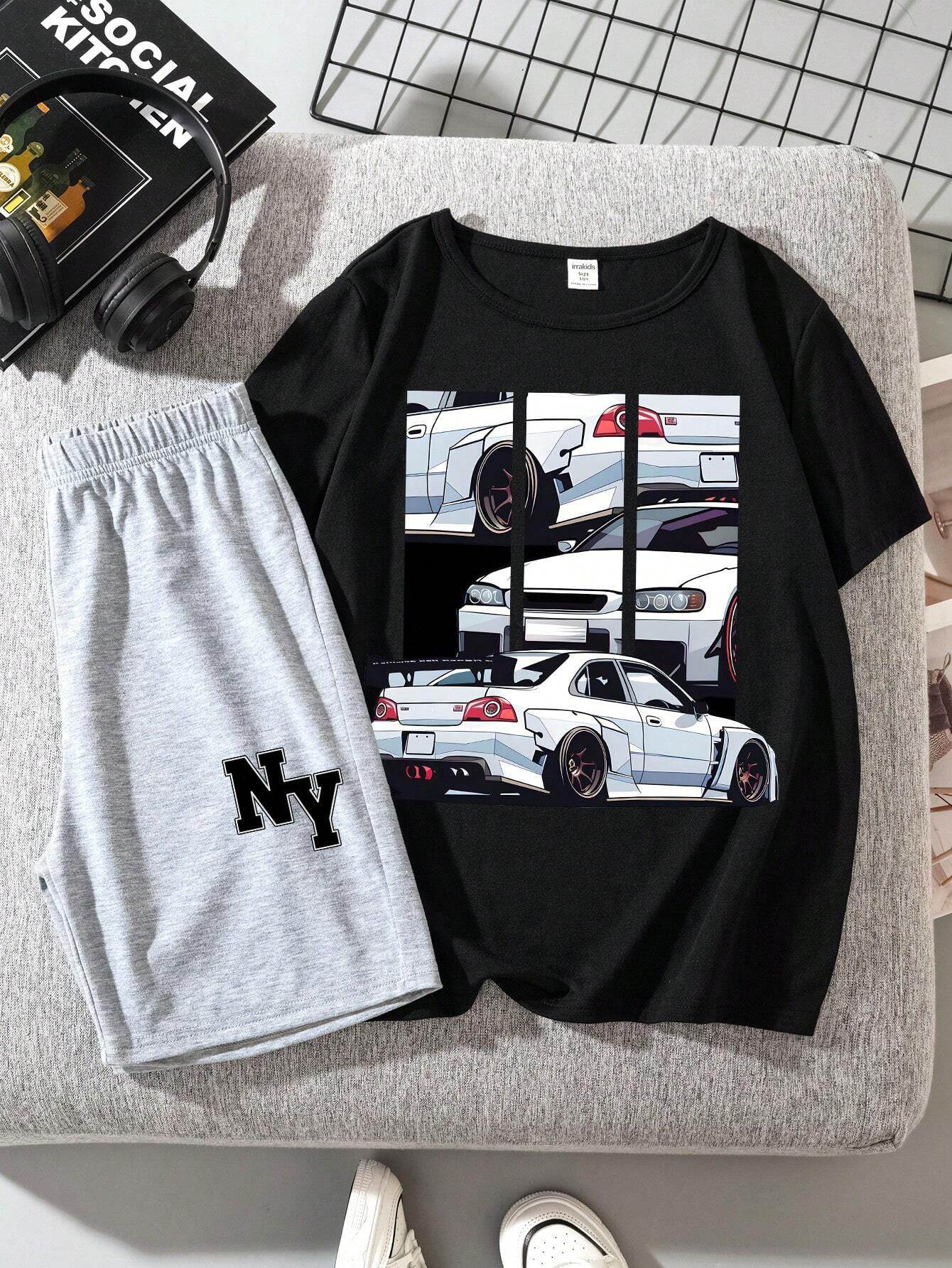 Summer Fun: Casual Car Pattern T-Shirt & Letter Print Shorts Suit - IRRAKIDS