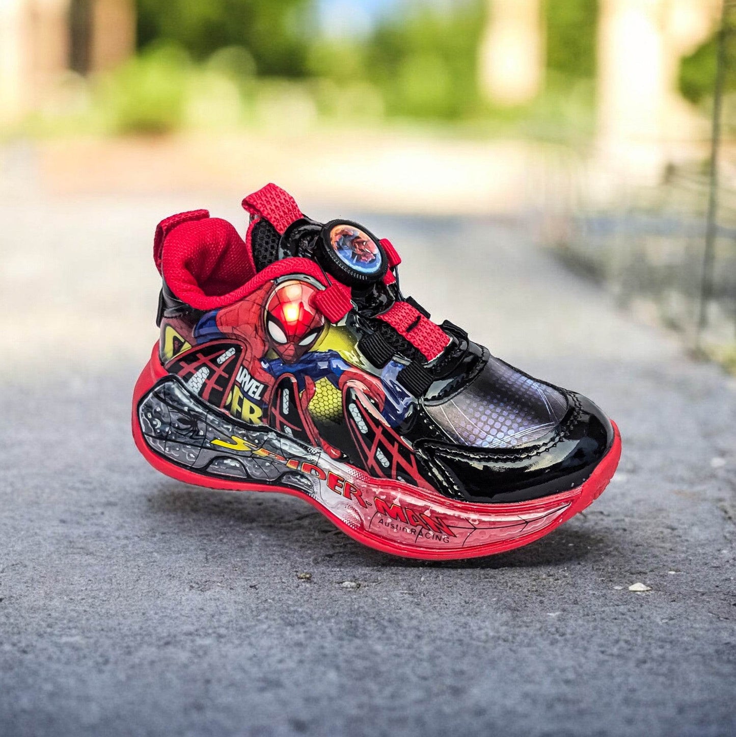 New Trendy Spiderman Sports Shoes for Boys: Featuring LED Lights & Easy to Wear Rotating Button - IRRAKIDS