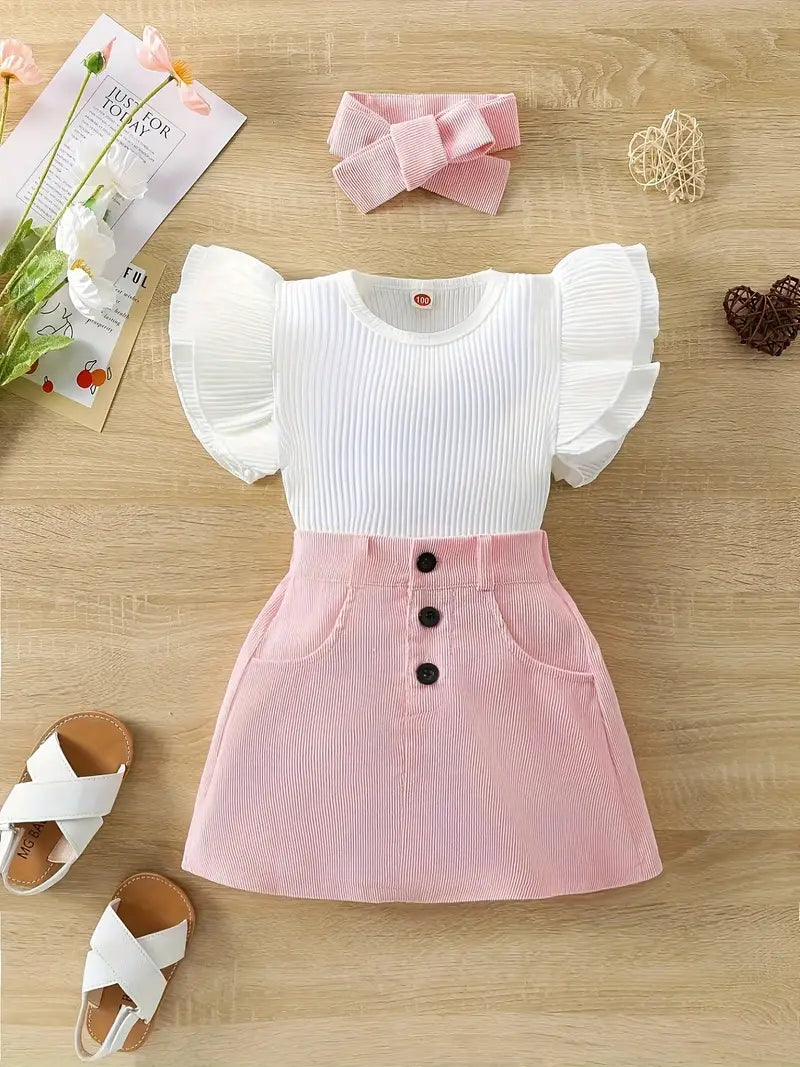 New European & American Girls' Ribbed Ruffle Sleeve Top and Corduroy Skirt Set