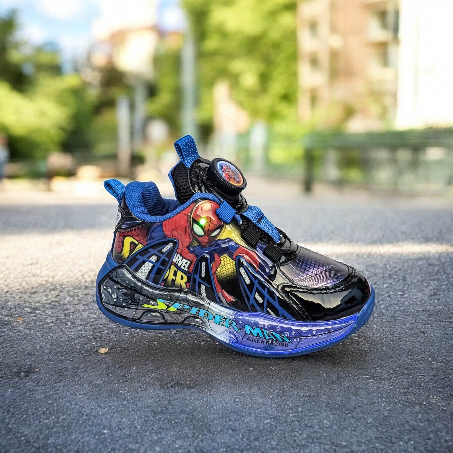 New Trendy Spiderman Sports Shoes for Boys: Featuring LED Lights & Easy to Wear Rotating Button - IRRAKIDS