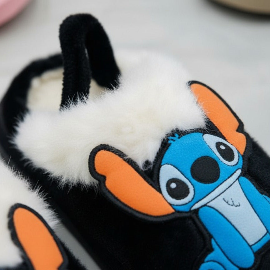 Kids plush cartoon fleece-lined slippers with heel strap — Product image: