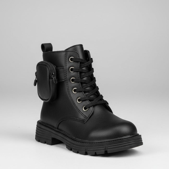 Girls' lace‑up combat boots with mini pouch — Product image: