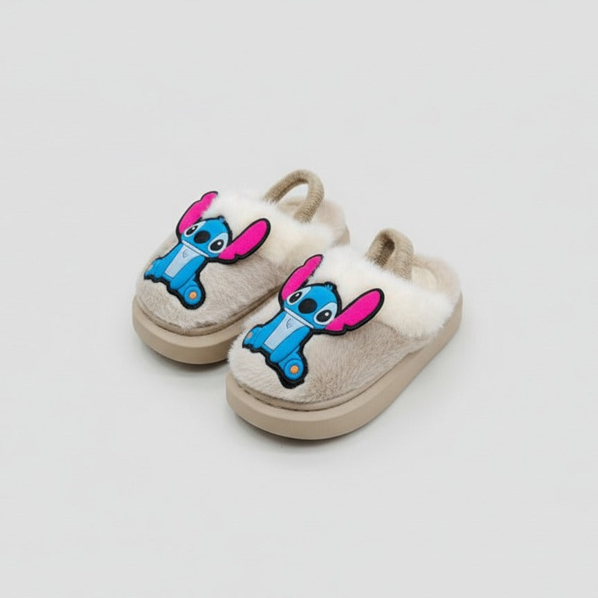 Kids plush cartoon fleece-lined slippers with heel strap — Product image: