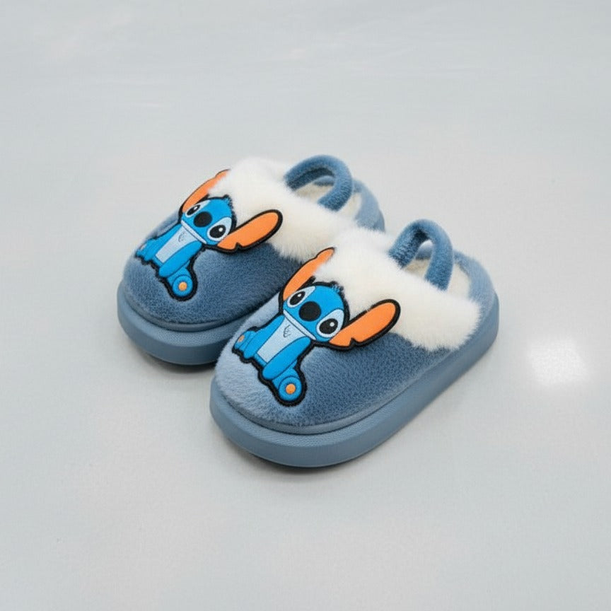 Kids plush cartoon fleece-lined slippers with heel strap — Product image: