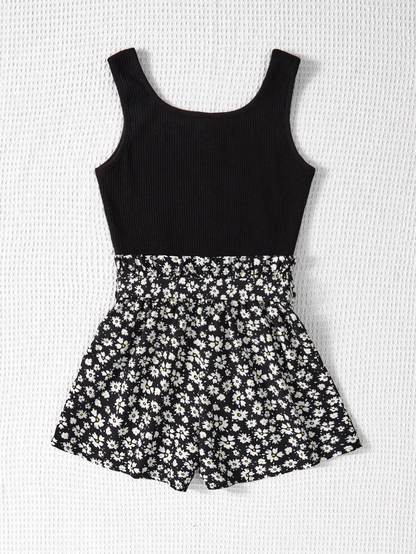 Tween Girls' Knitted Solid Color Sleeveless Top With Spaghetti Straps And Floral Belted Jumpsuit - IRRAKIDS