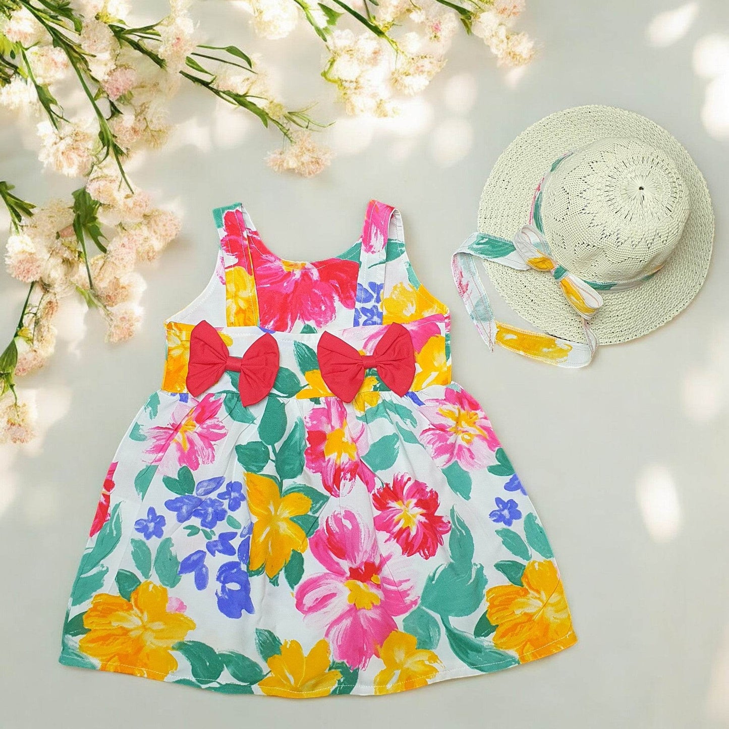Colorful floral dress, and sun hat - IRRAKIDS