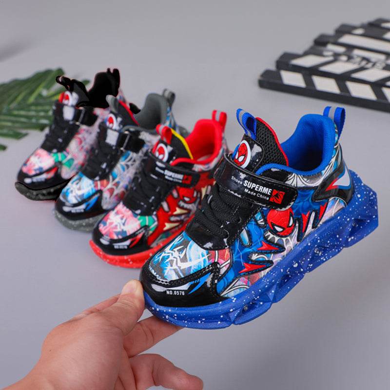 Kids' Cartoon LED Light-Up Sneakers: Red & Blue PU Leather Casual Sports Shoes - Sizes 21-35 - IRRAKIDS