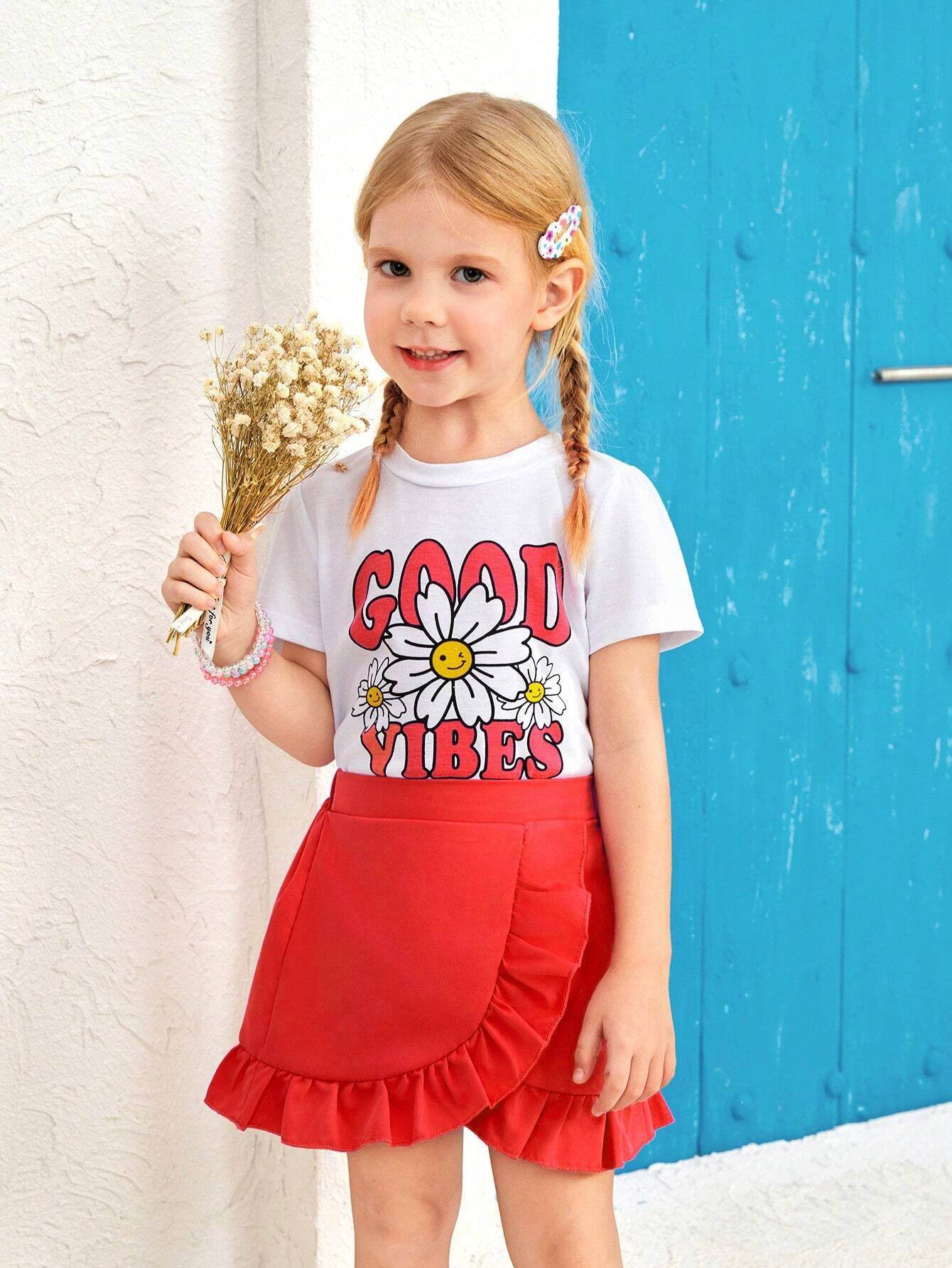Floral Dreams: Girl's Graphic Tee & Ruffle Trim Skirt Set - IRRAKIDS