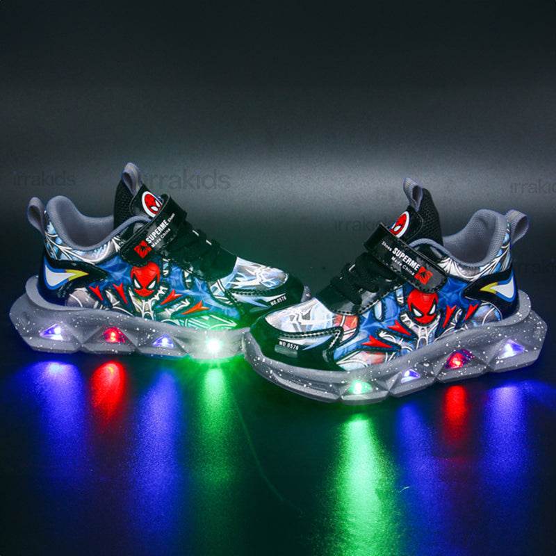 Kids' Cartoon LED Light-Up Sneakers: Red & Blue PU Leather Casual Sports Shoes - Sizes 21-35 - IRRAKIDS