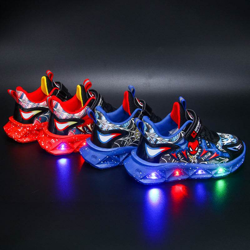 Kids' Cartoon LED Light-Up Sneakers: Red & Blue PU Leather Casual Sports Shoes - Sizes 21-35 - IRRAKIDS