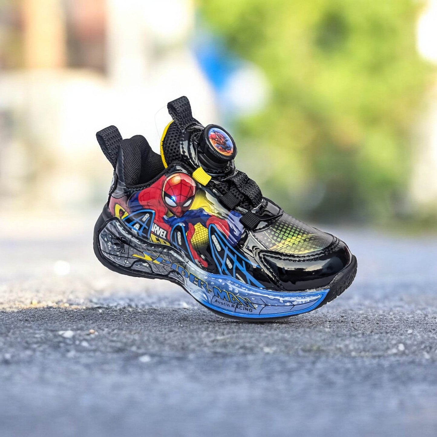 New Trendy Spiderman Sports Shoes for Boys: Featuring LED Lights & Easy to Wear Rotating Button - IRRAKIDS