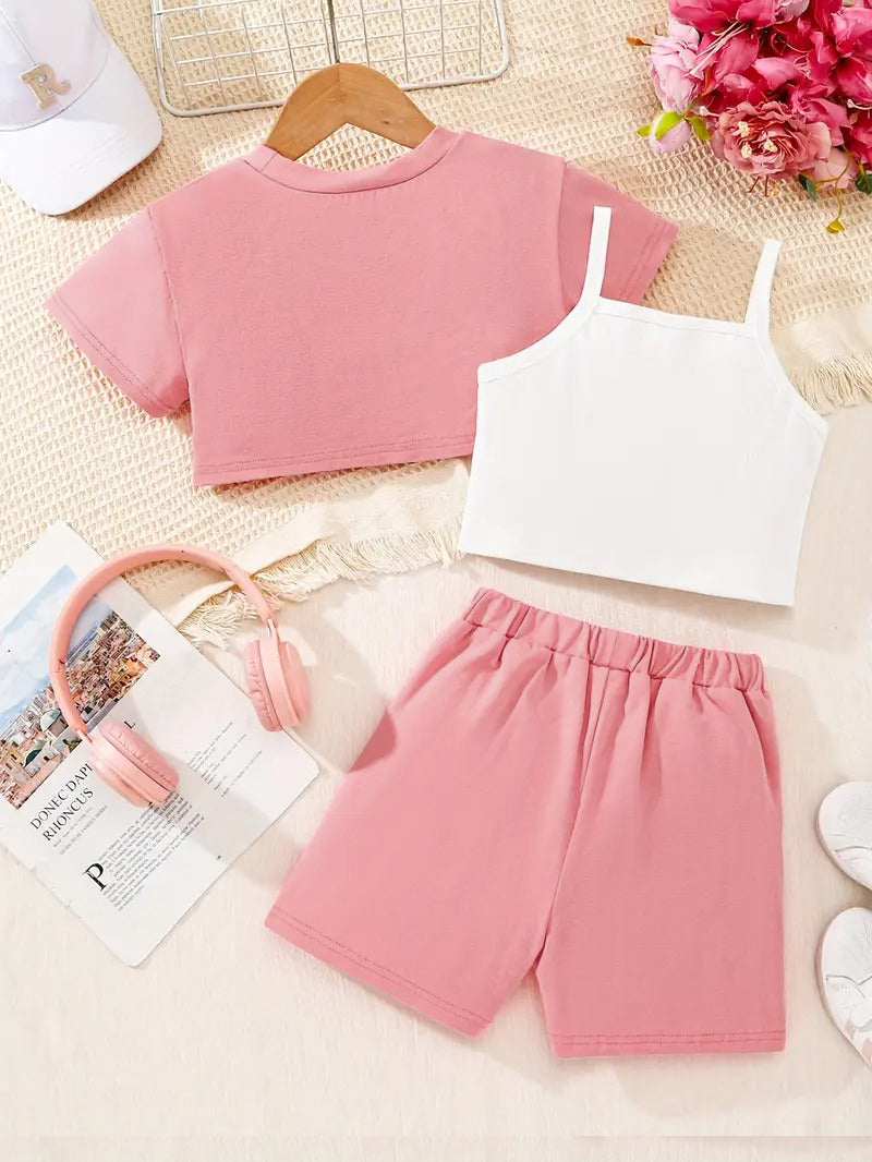 Tenue d'été 3 pièces Disney Stitch pour fille : ensemble haut court, débardeur et short pour s'amuser en plein air et se détendre.
