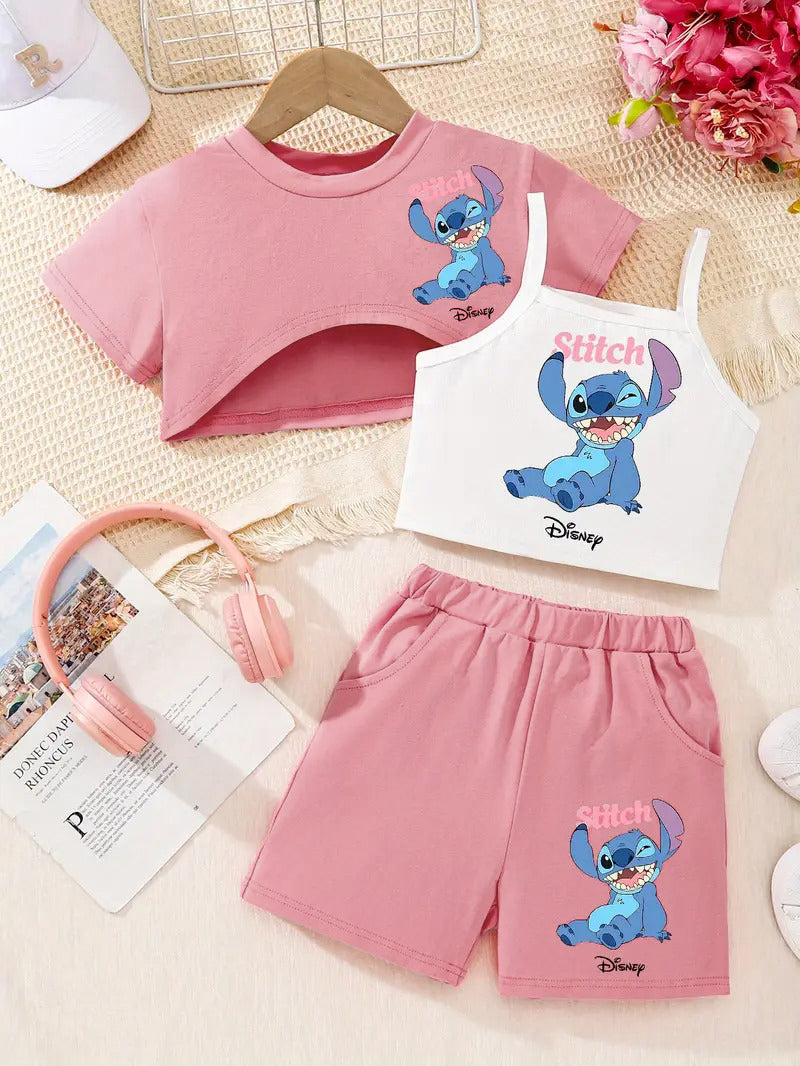 Tenue d'été 3 pièces Disney Stitch pour fille : ensemble haut court, débardeur et short pour s'amuser en plein air et se détendre.