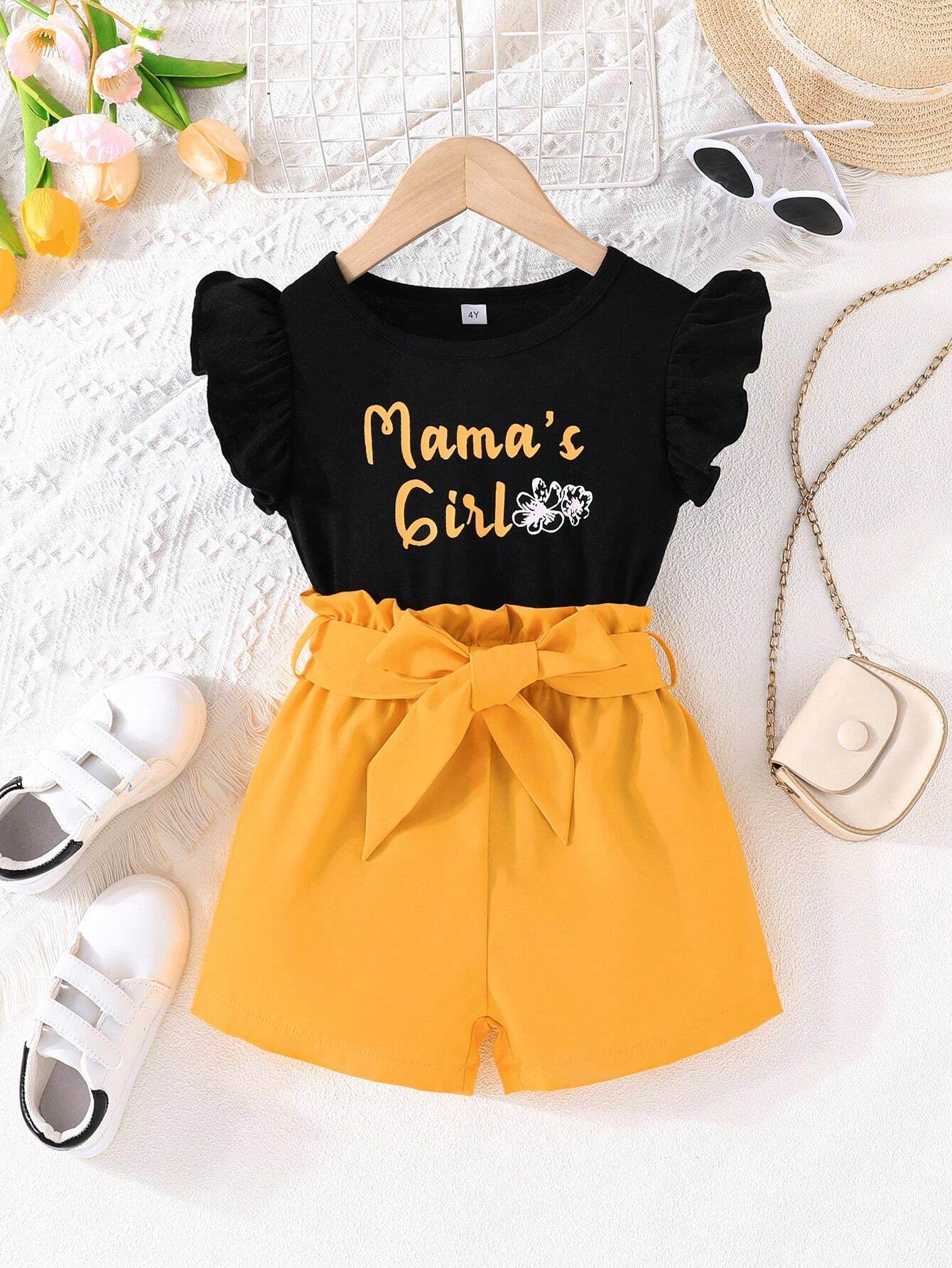 Young Girls Casual Cute Short Sleeve Blouse and Shorts Jumpsuit Set with Mother's Day Print and Floral Trim for Spring Summer, 2 Pieces - IRRAKIDS