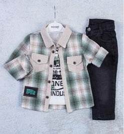Boys 3 Pieces set top coloerd plaid and a tchirt with print and a black jeans pants - IRRAKIDS