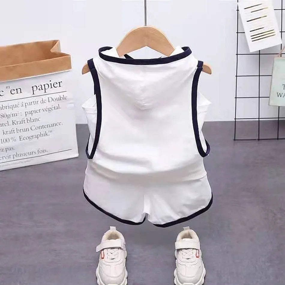 Two Pcs Casual Letter Print Hooded Sleeveless Tee Shorts Set - IRRAKI