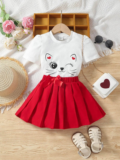 Young Girl's Cartoon Graphic T-shirt & Pleated Skirt - IRRAKIDS