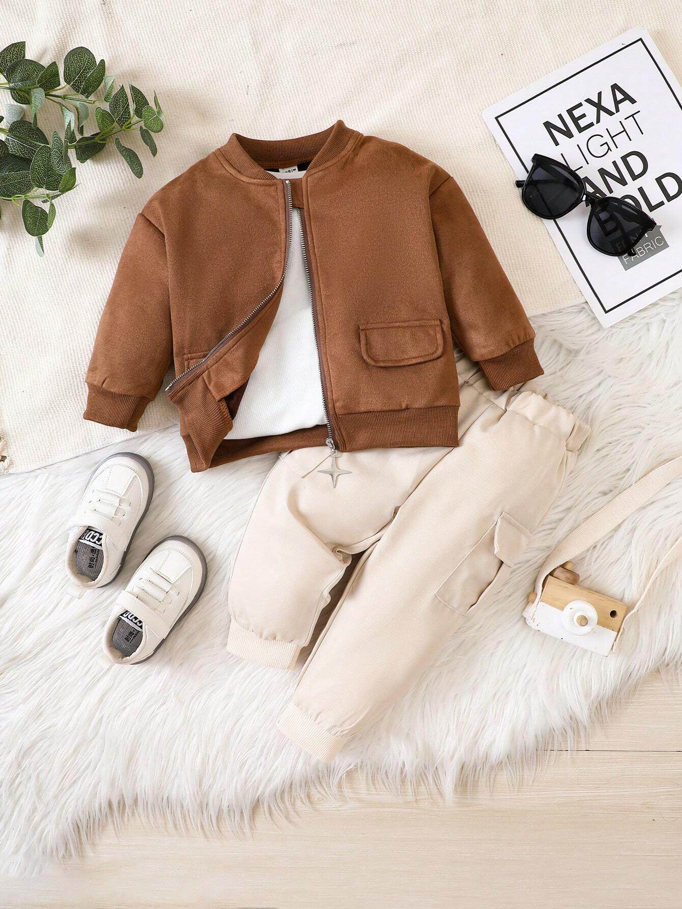 Stylish Baby Boy Suede Jacket & Cargo Pants Set – Cozy & Trendy Outfit for All Seasons - IRRAKIDS