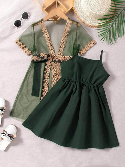 Lace Dreams: A Young Girl's Perspective Mesh Jacket and Slip Dress Ensemble - IRRAKIDS