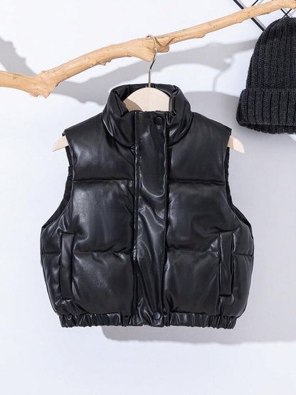 Chic et chaleureux pour l'hiver : gilet épais rembourré en cuir PU pour jeunes filles