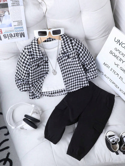 طقم ملابس  أولاد من بلايفول بالز - جاكيت أنيق بنقشة مربعات هاوندستوث + بنطال أسود متناسق، طقم أنيق وعصري لفصلي الربيع والخريف