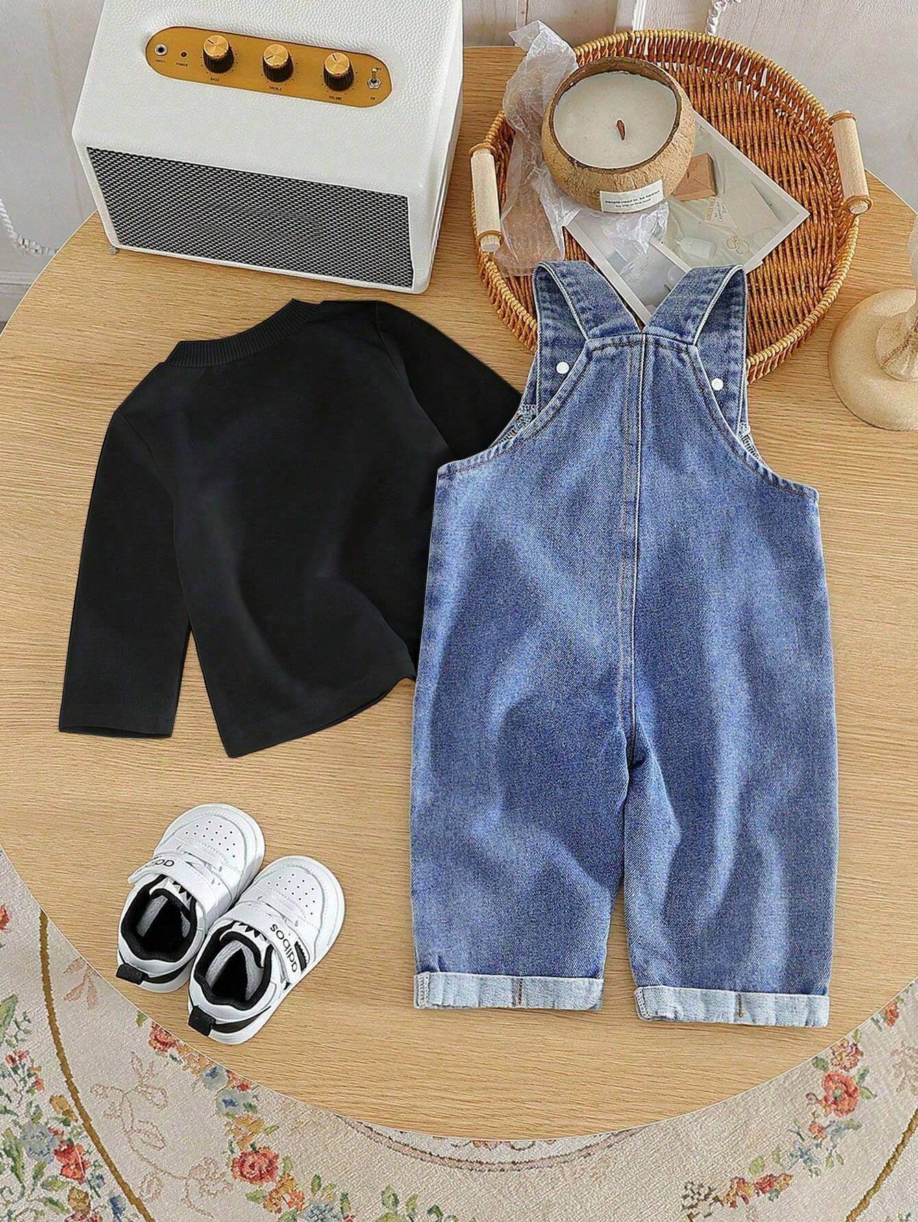 Baby Boys Solid Color T-Shirt & Rolled-Up Denim Overall Jumpsuit – Trendy Spring Outfit - IRRAKIDS