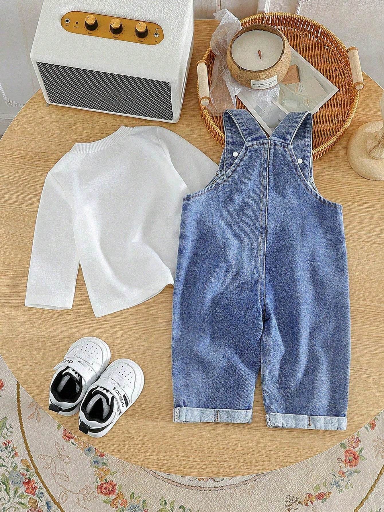 Baby Boys Solid Color T-Shirt & Rolled-Up Denim Overall Jumpsuit – Trendy Spring Outfit - IRRAKIDS