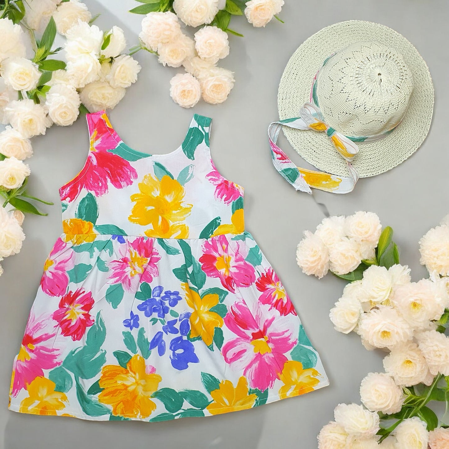 Robe fleurie colorée et chapeau de soleil