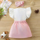 New European & American Girls' Ribbed Ruffle Sleeve Top and Corduroy Skirt Set