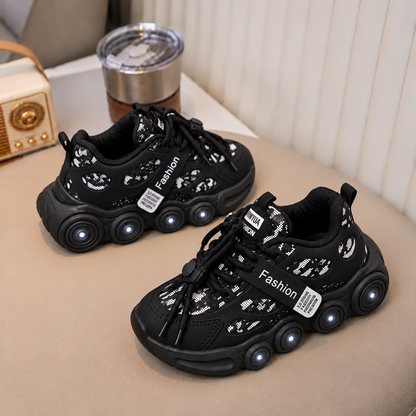 Kids’ Trendy Chunky Sneakers with Patterned Panels, Adjustable Lace-Up Fastening and Bold Circular Sole Details – Stylish Everyday Shoes for Boys and Girls