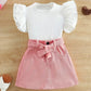 New European & American Girls' Ribbed Ruffle Sleeve Top and Corduroy Skirt Set