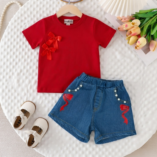Girls Red Bow T-Shirt & Denim Shorts 2-Piece Summer Outfit Set