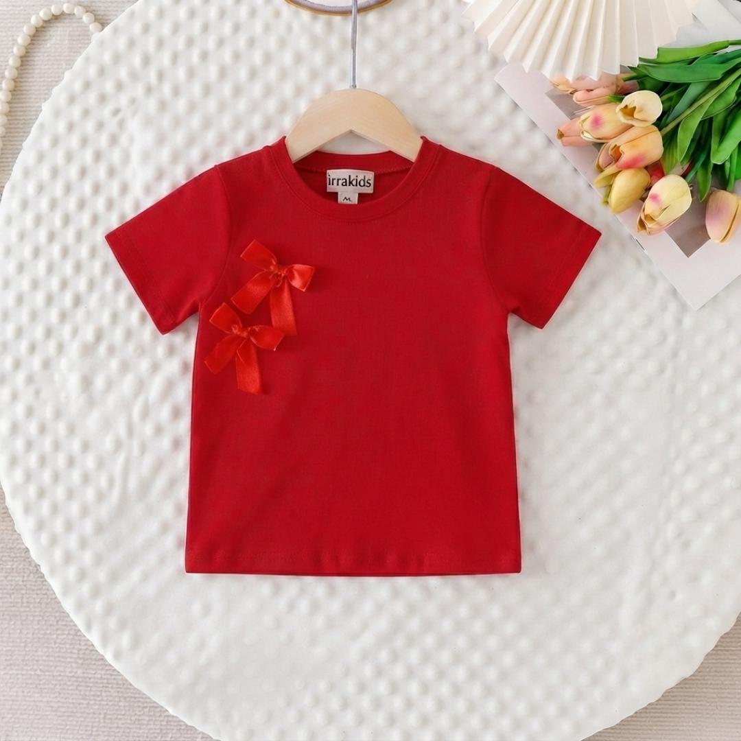 Girls Red Bow T-Shirt & Denim Shorts 2-Piece Summer Outfit Set