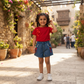 Girls Red Bow T-Shirt & Denim Shorts 2-Piece Summer Outfit Set