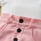 New European & American Girls' Ribbed Ruffle Sleeve Top and Corduroy Skirt Set
