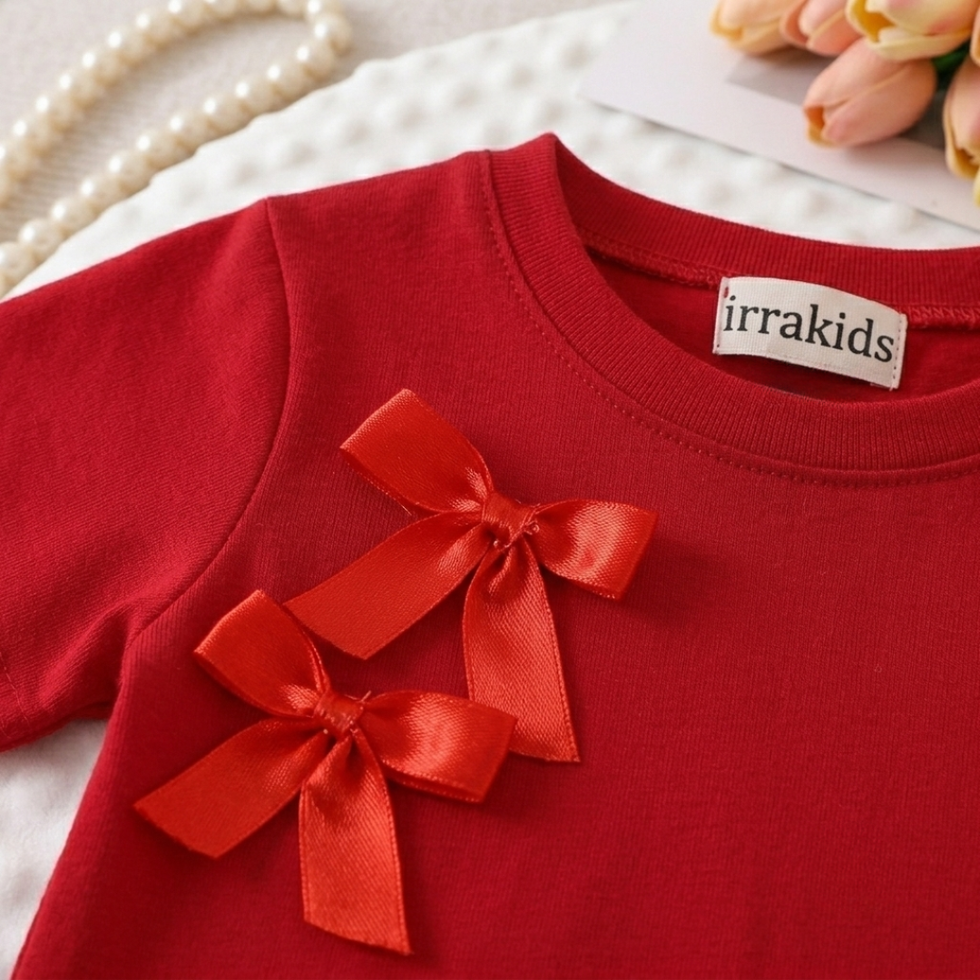 Girls Red Bow T-Shirt & Denim Shorts 2-Piece Summer Outfit Set