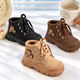 Bottines à lacets Teddy Bear pour enfants avec finition mate douce, col rembourré et semelle épaisse – Style automne et hiver au quotidien en beige, marron et noir