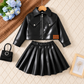 Ensemble deux pièces effet cuir pour fille avec veste zippée à col et jupe plissée – Marron ou noir