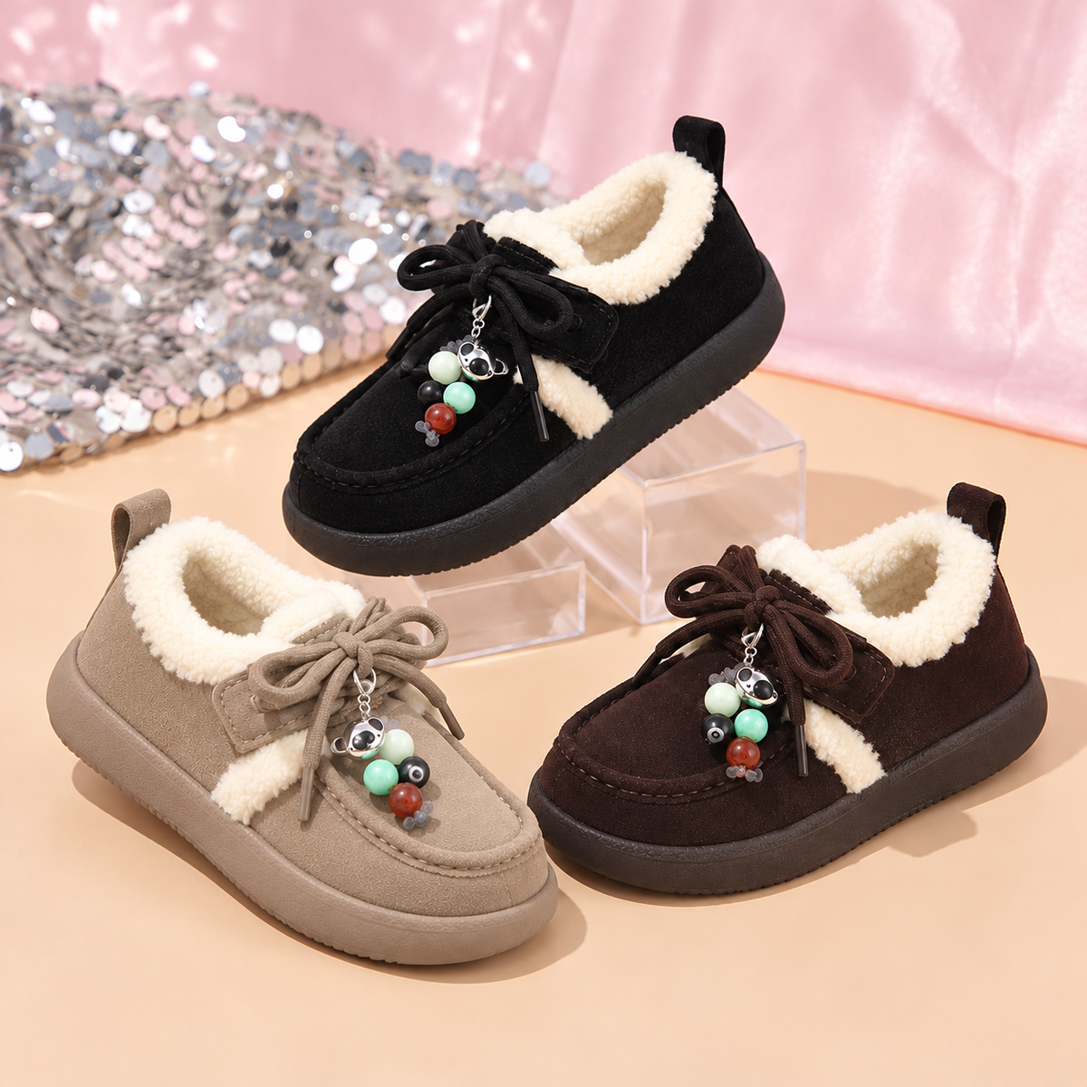 Mocassins pour enfants Little Charm avec garniture en polaire confortable, lacets à nœud et détails perlés colorés – Un style charmant pour l'automne et l'hiver