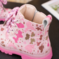 Girls’ Charming Butterfly & Heart Print Lace-Up Ankle Boots
