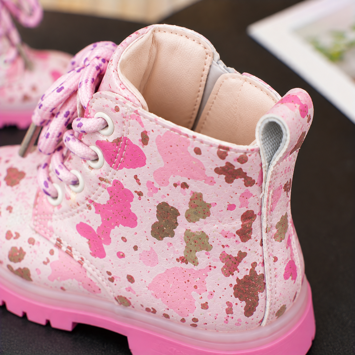 Girls’ Charming Butterfly & Heart Print Lace-Up Ankle Boots