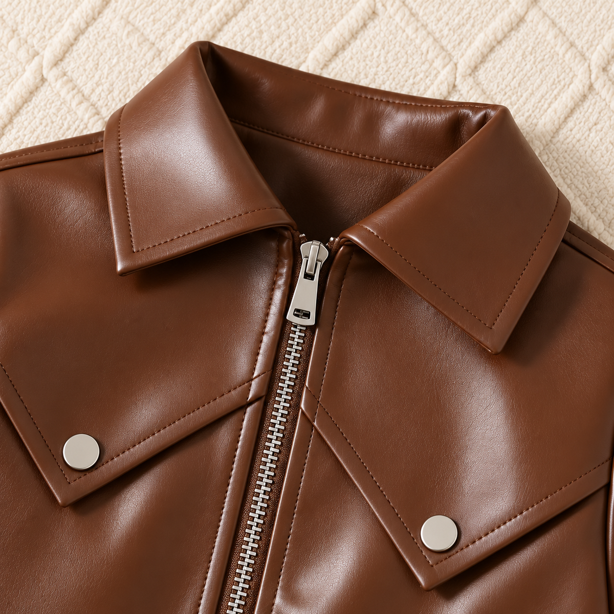Ensemble deux pièces effet cuir pour fille avec veste zippée à col et jupe plissée – Marron ou noir