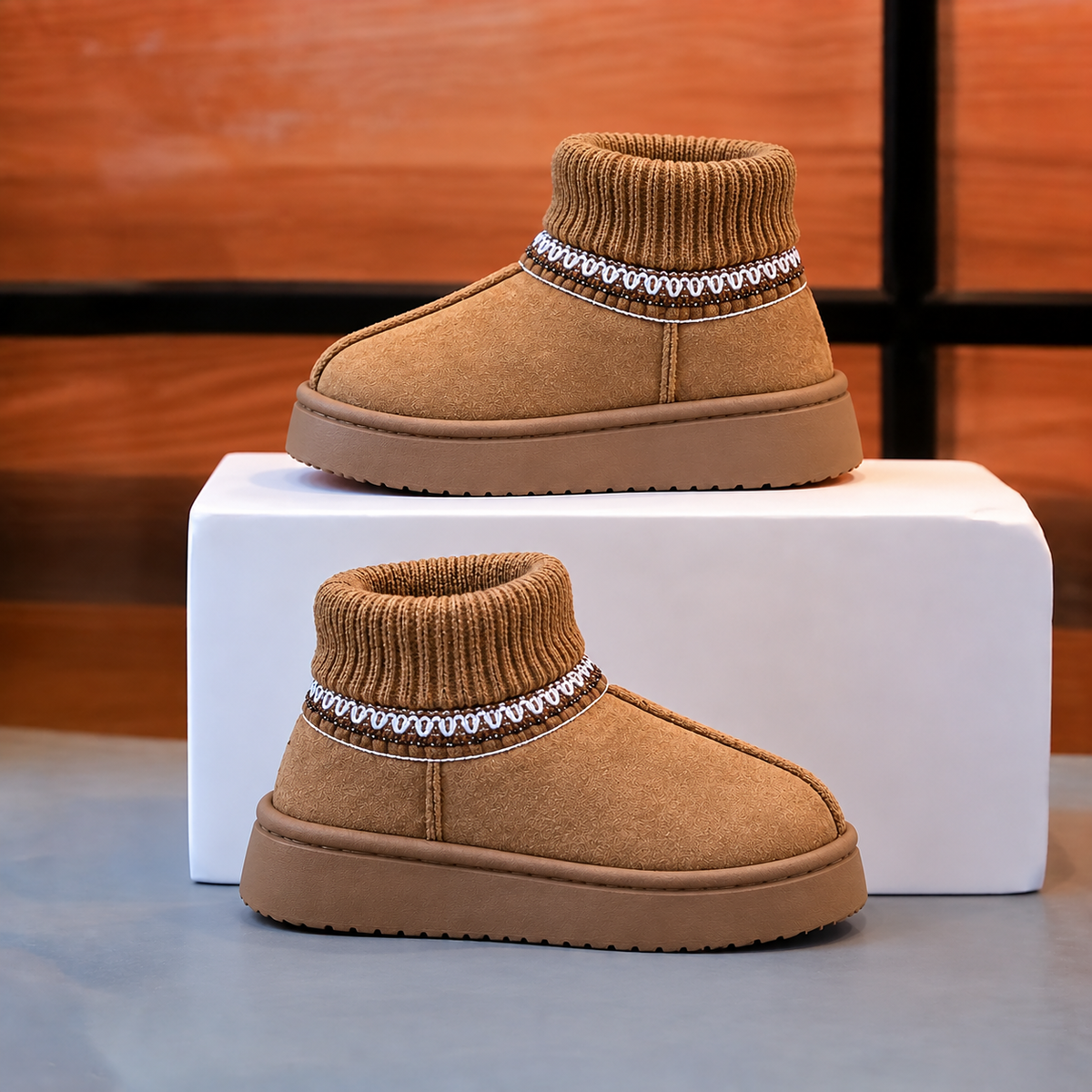 Bottines stylées pour fille avec revers en maille côtelée, surpiqûres décoratives et semelles épaisses