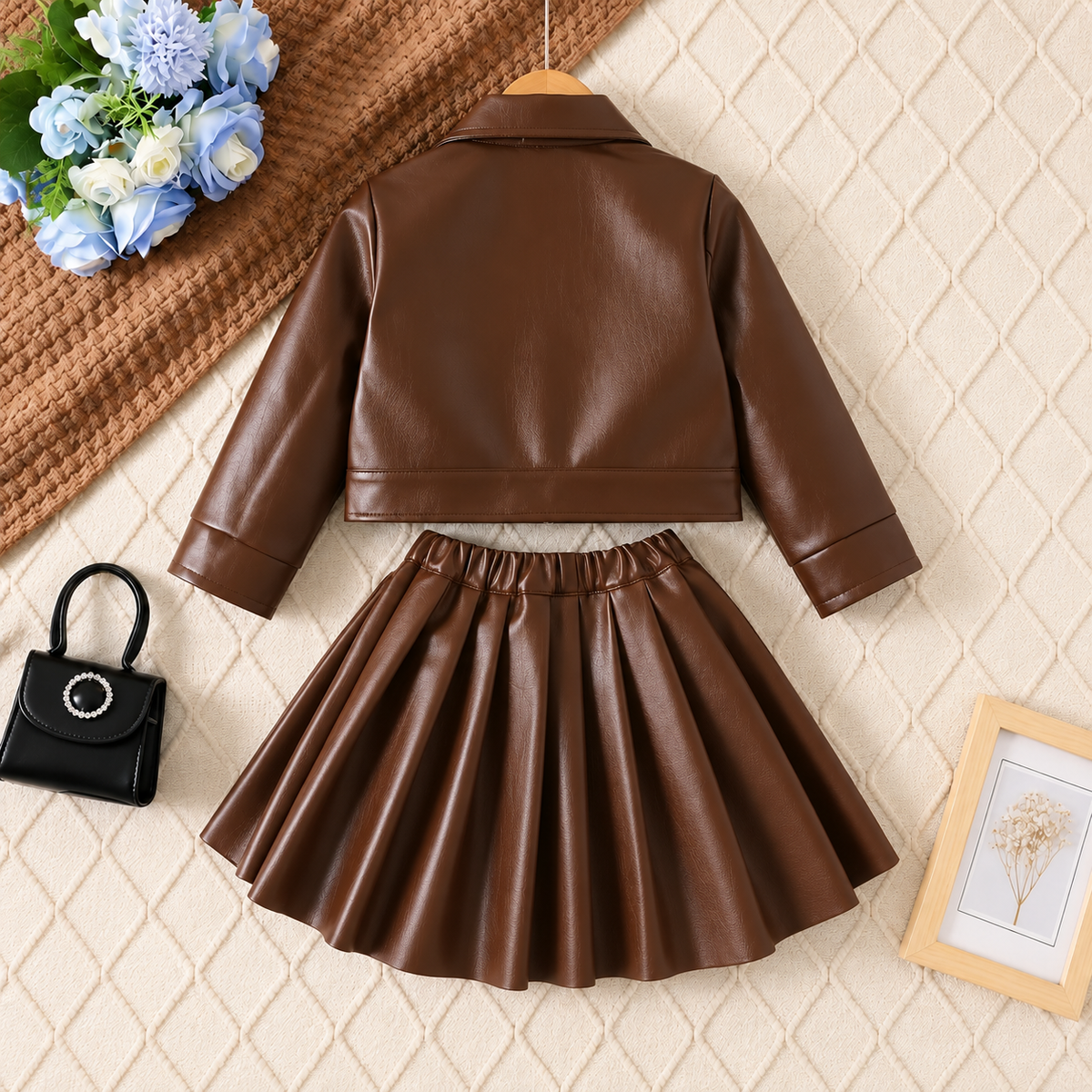 Ensemble deux pièces effet cuir pour fille avec veste zippée à col et jupe plissée – Marron ou noir