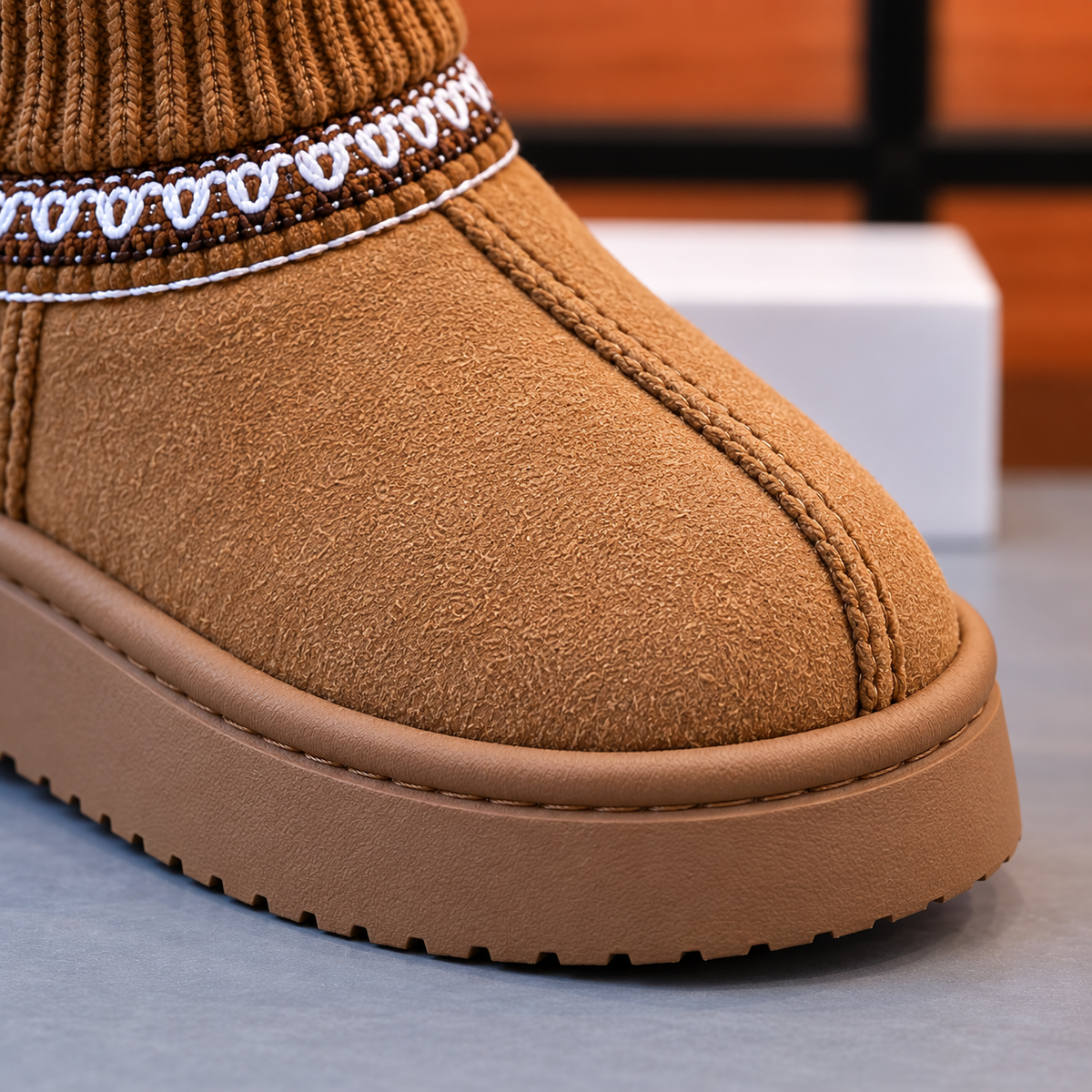 Bottines stylées pour fille avec revers en maille côtelée, surpiqûres décoratives et semelles épaisses