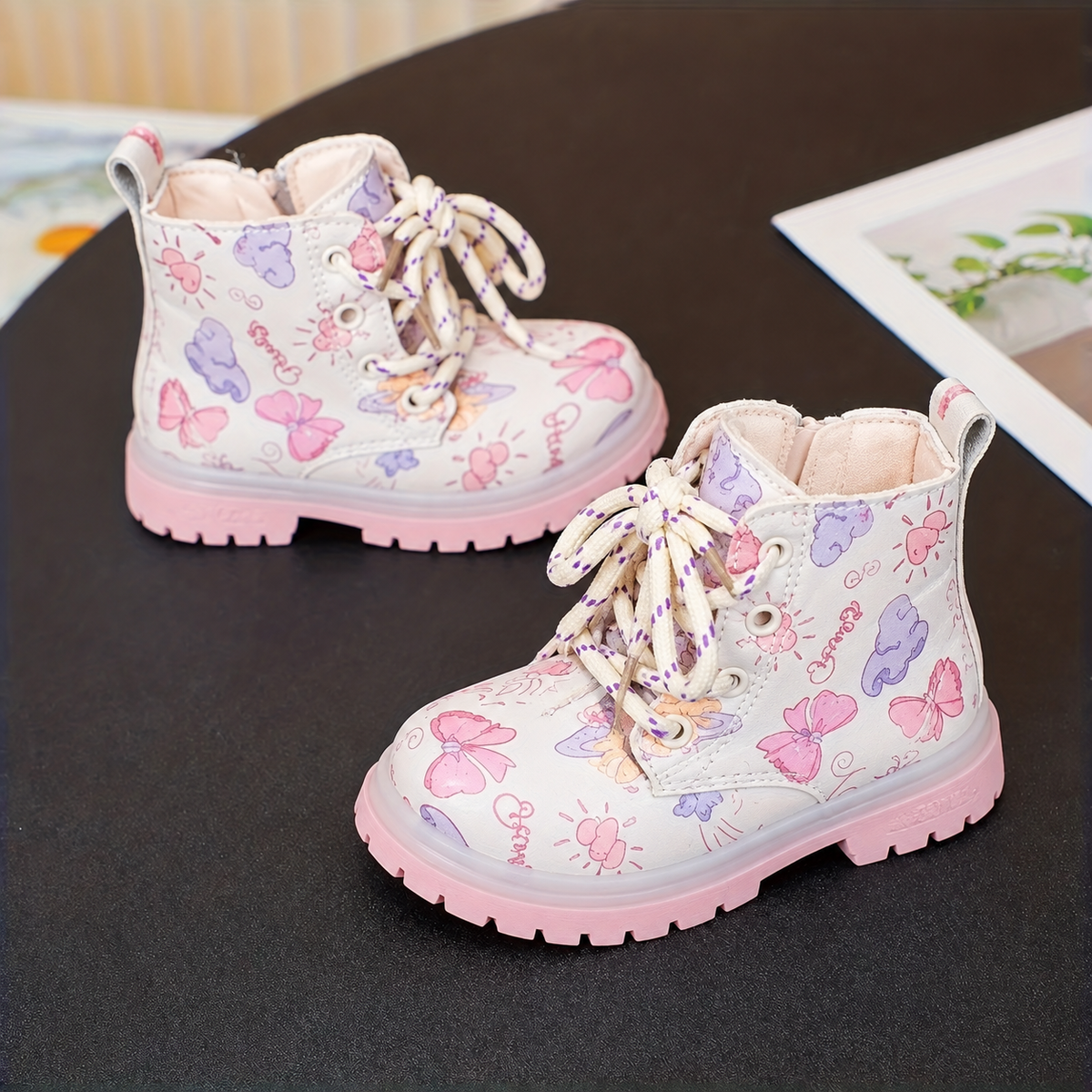 Girls’ Charming Butterfly & Heart Print Lace-Up Ankle Boots