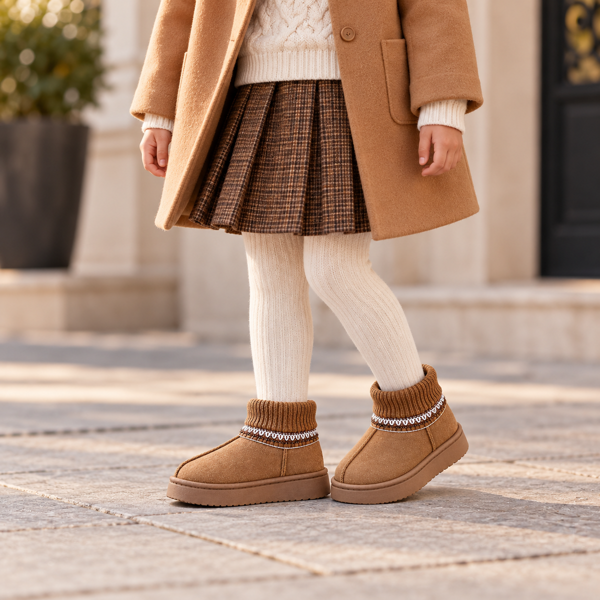 Bottines stylées pour fille avec revers en maille côtelée, surpiqûres décoratives et semelles épaisses