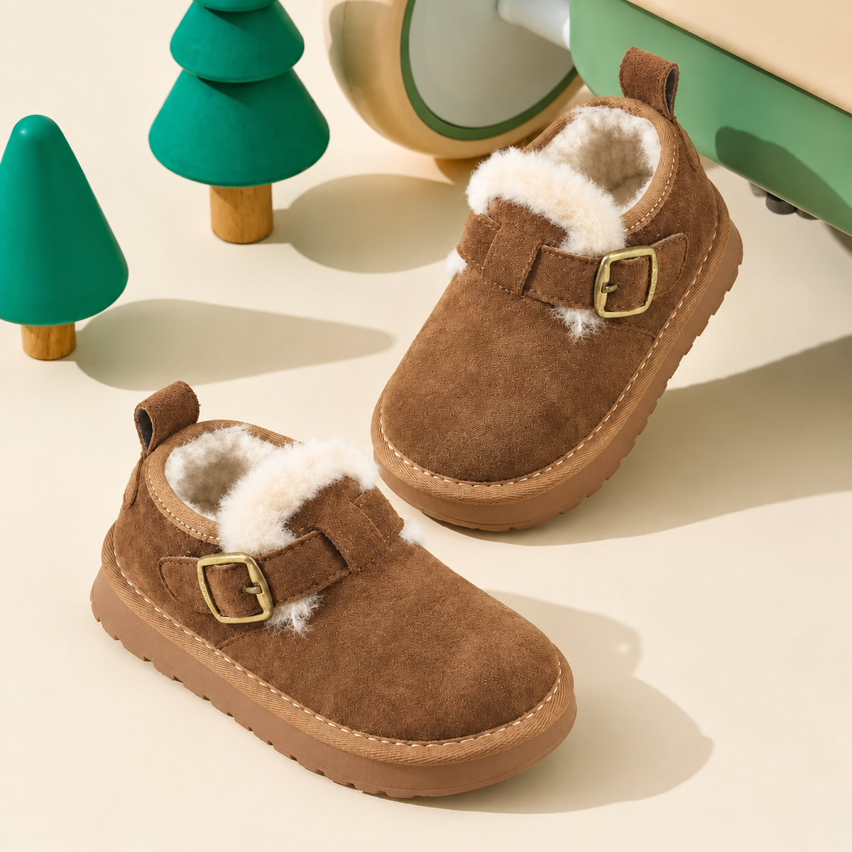 Chaussures montantes pour enfants, doublées de polaire, aspect daim, avec boucle classique et semelle épaisse pour des tenues d'automne et d'hiver ravissantes