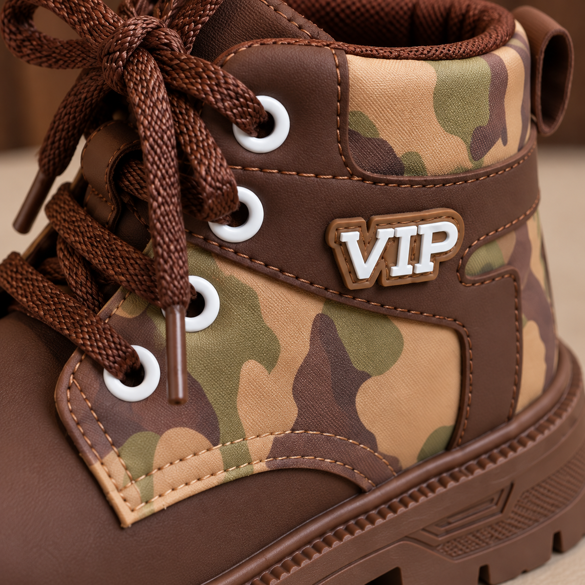 Kids’ Camouflage Lace-Up Ankle Boots with VIP Detail, Rounded Toe and Chunky Treaded Sole – Adventure-Inspired Style in Black, Brown and Camel